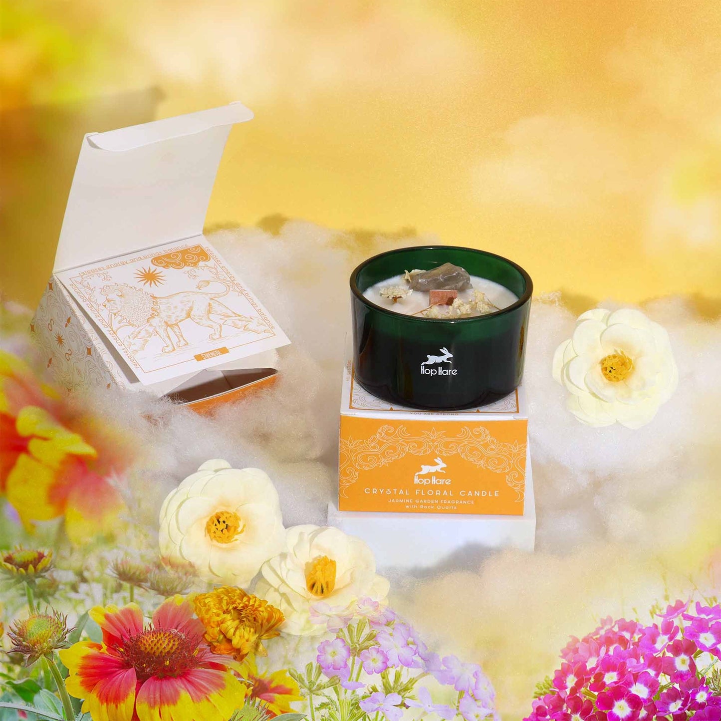 Hop Hare Magical Flower Candle with Tarot Card - Jasmine Garden Scent displayed against a dreamy background, featuring the elegant candle and enchanting box design. A lovely Christmas gift home fragrance option.