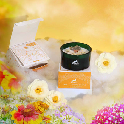 Hop Hare Magical Flower Candle with Tarot Card - Jasmine Garden Scent displayed against a dreamy background, featuring the elegant candle and enchanting box design. A lovely Christmas gift home fragrance option.