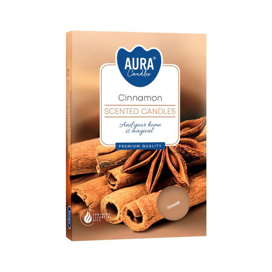 Set of 6 Cinnamon Scented Tealights showcasing a box of cinnamon scented candles, perfect for creating a warm atmosphere during the festive season. Ideal Christmas Gift Home Fragrance.