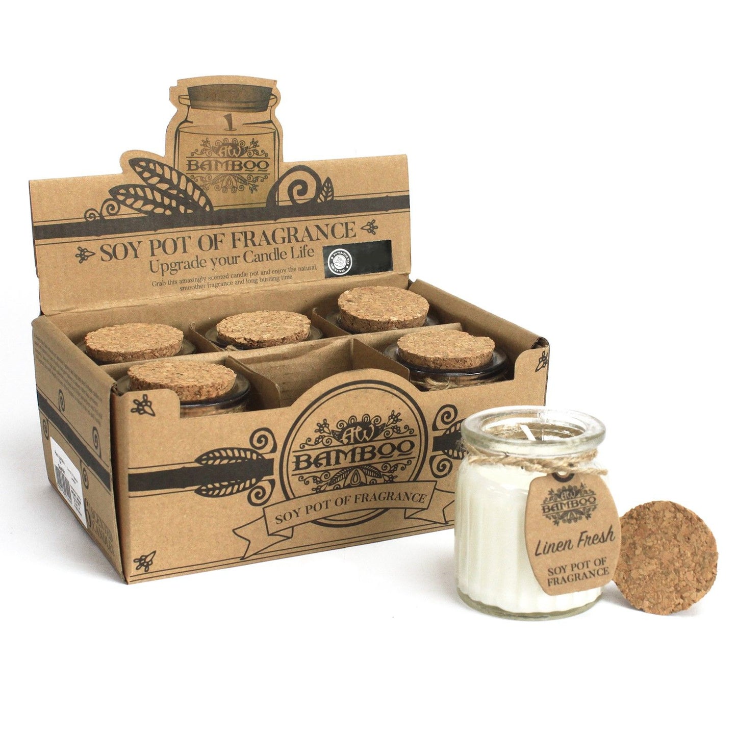 Display box of Linen Fresh Eco-Friendly Soy Wax Candle Pots, showcasing the reusable jars with cork lids, ideal for festive gifting. Great as a Christmas gift home fragrance.