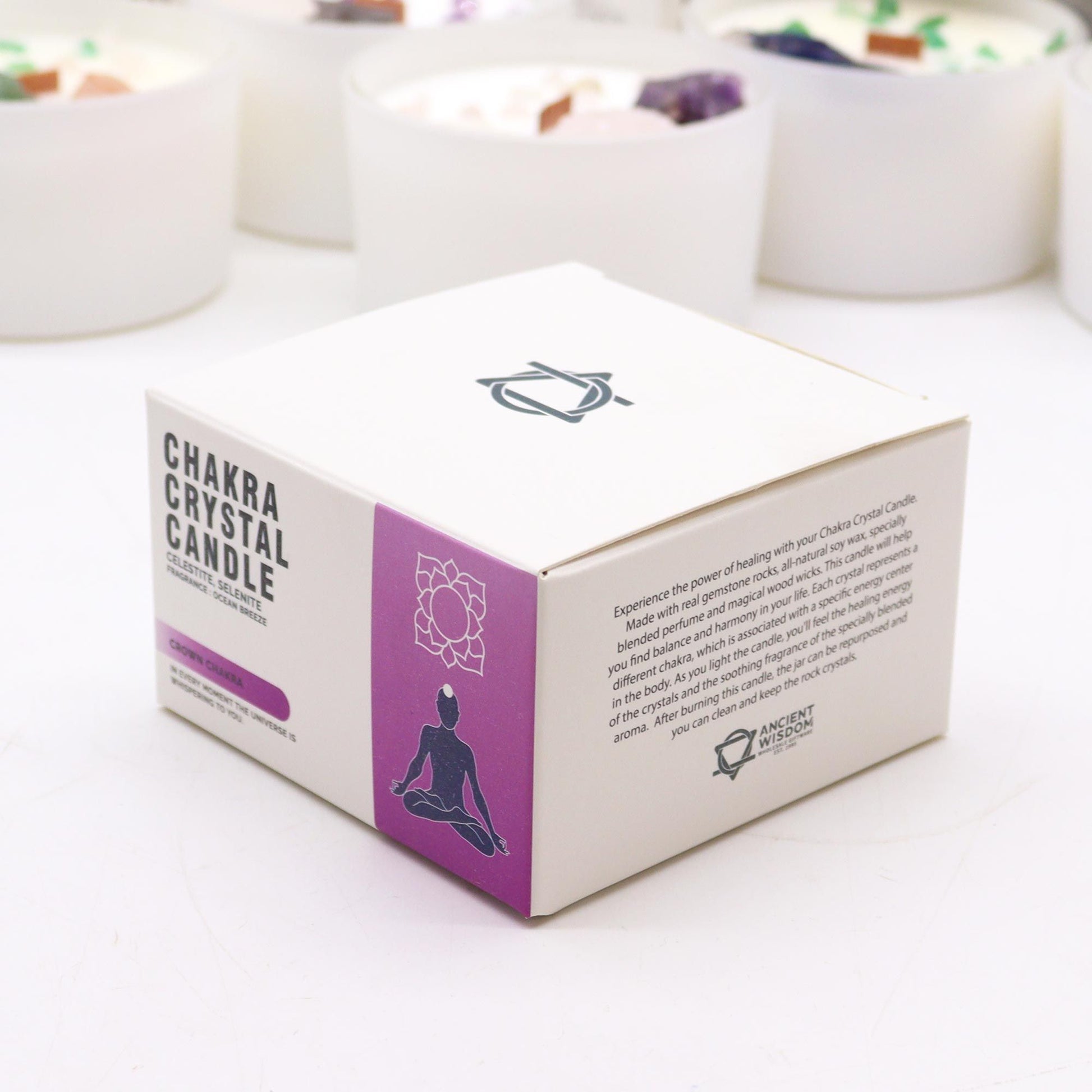 Box packaging of Crown Chakra Candle – Ocean Breeze Scent, highlighting its tranquil design. Great as a Christmas Gift Home Fragrance.