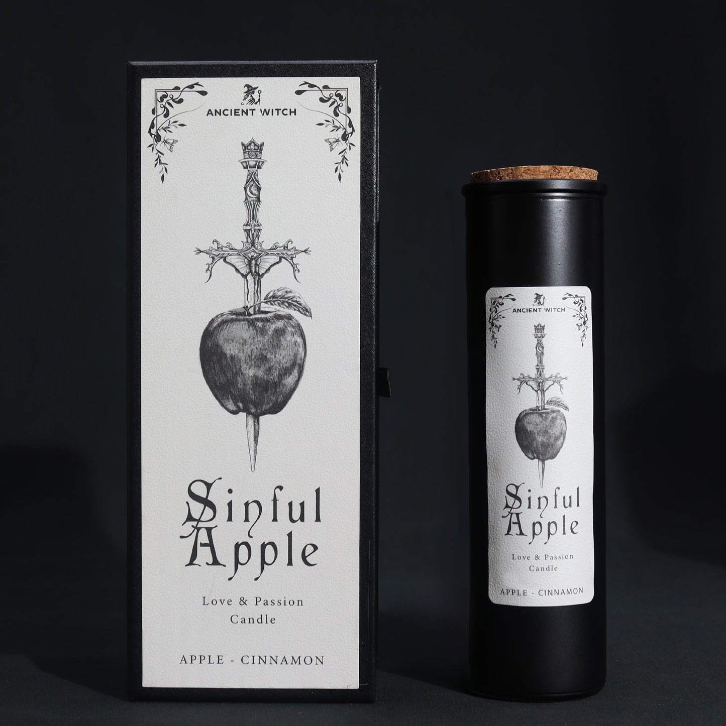 Elegant Sinful Apple & Cinnamon Candle in stylish black packaging, designed for love and passion rituals, perfect for Christmas gift home fragrance.