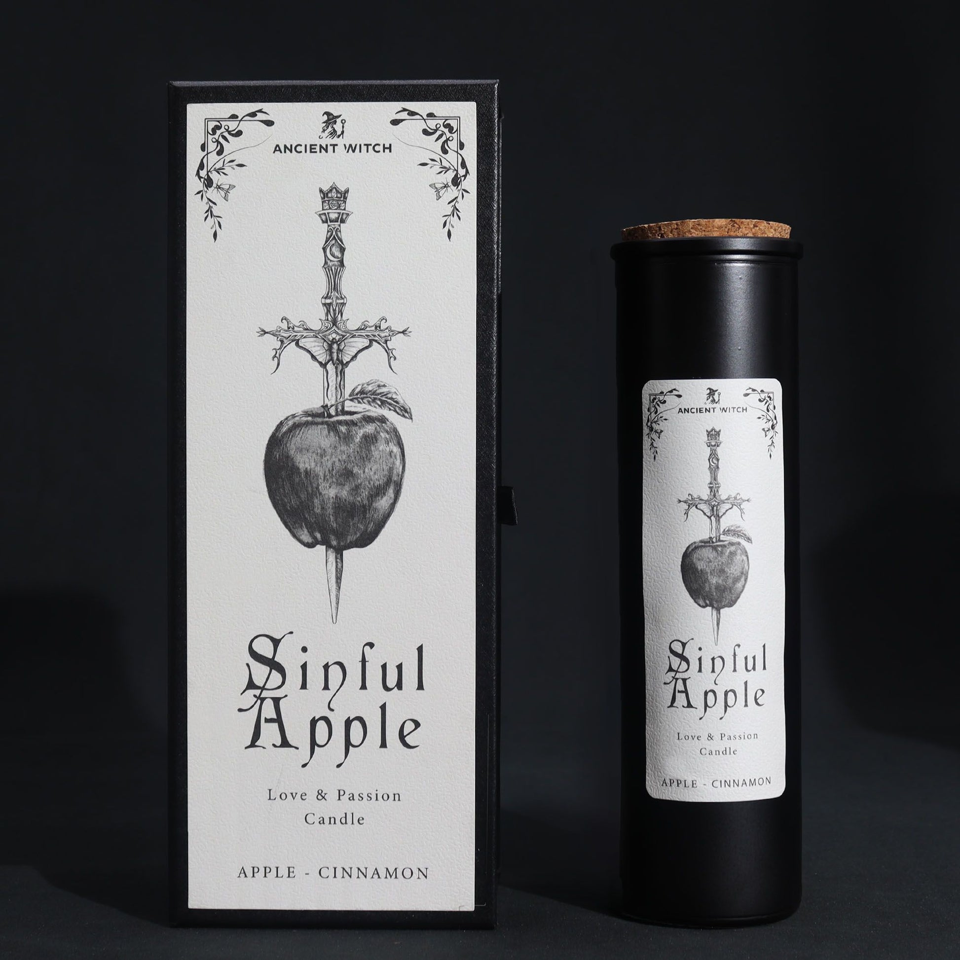 Elegant Sinful Apple & Cinnamon Candle in stylish black packaging, designed for love and passion rituals, perfect for Christmas gift home fragrance.
