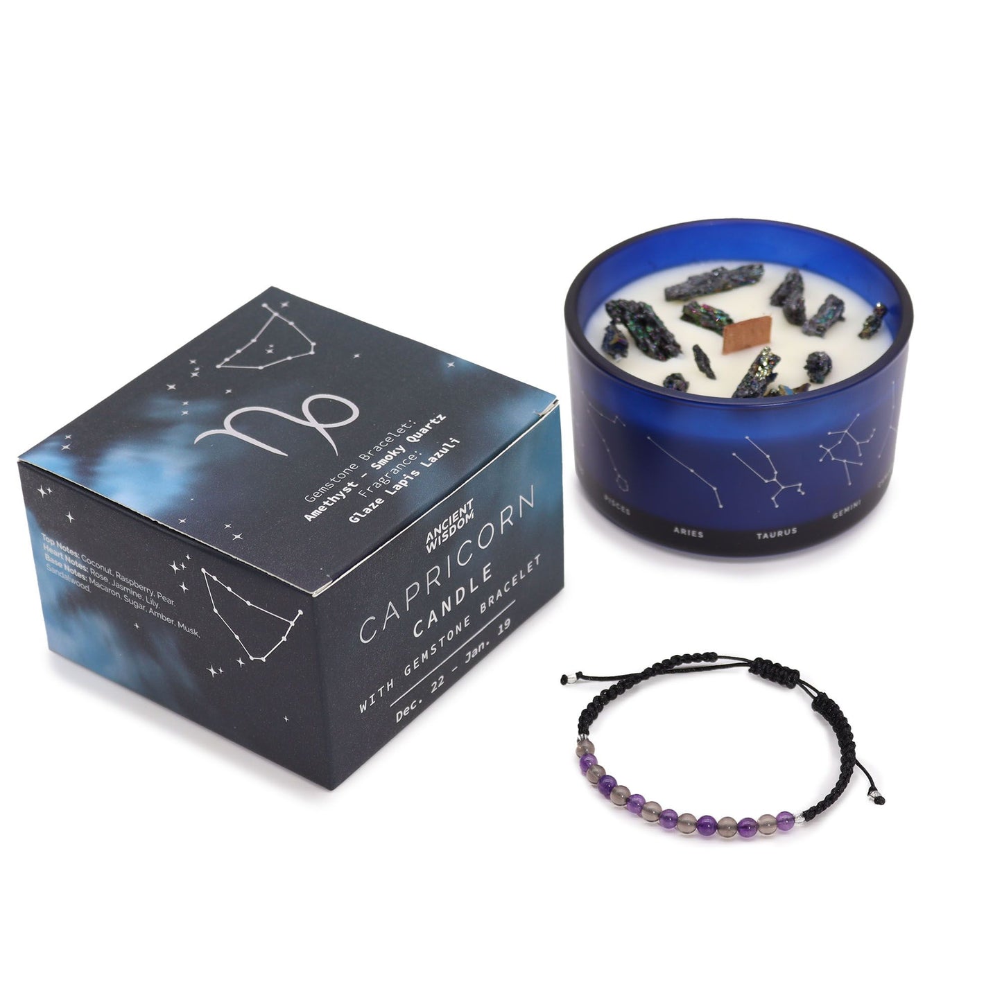 Zodiac Crystal Candle with Gemstone Bracelet - Capricorn featuring the intricately designed candle and gemstone bracelet, ideal for adding a sophisticated touch to your décor. Enveloping scent for a cozy holiday vibe – Christmas Gift Home Fragrance.