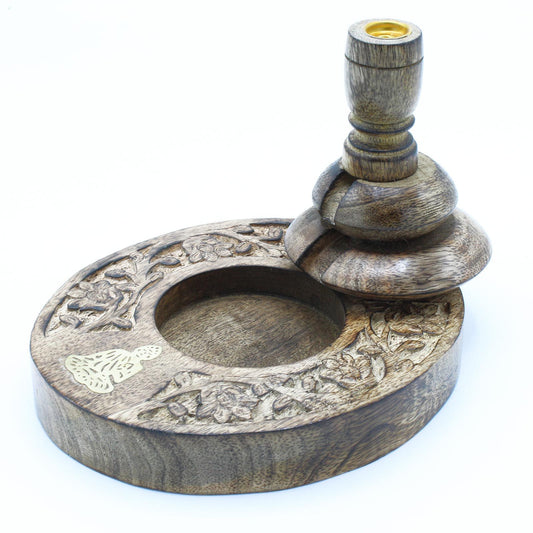 Med Mango Wood Backflow Burner - Brass Buddha showcasing intricate wood carvings and a smooth brass finish; perfect as a Christmas gift for enhancing home fragrance.
