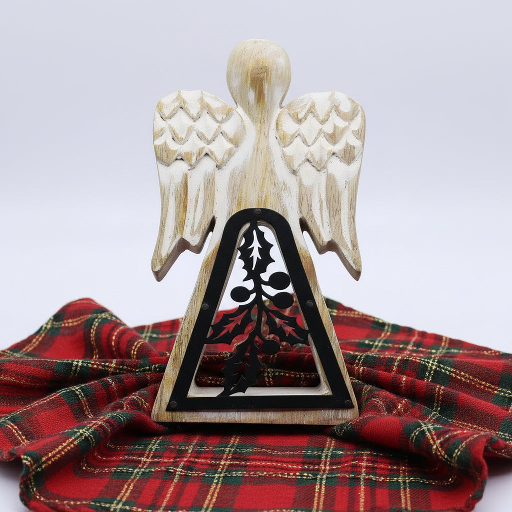 Back view of the Whitewashed Mango Wood Angel With Iron Cut-Out – 18cm Christmas Decor revealing the craftsmanship of the mango wood and the distinctive iron cut-out design. Ideal for gifting this festive season.