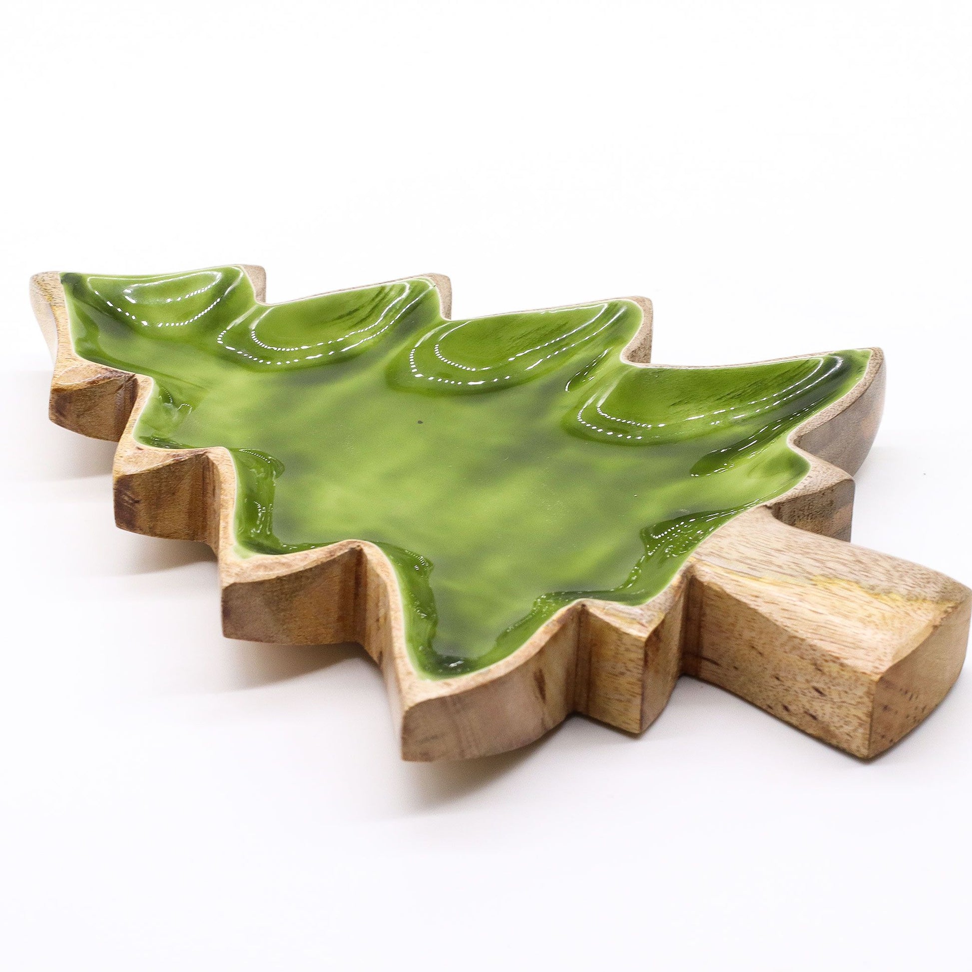 Enamel Tree Wooden Bowl – 25x19cm Rustic Décor for Cozy Homes featuring a glossy green interior and handcrafted mango wood exterior, perfect for Christmas Gift Home Fragrance.