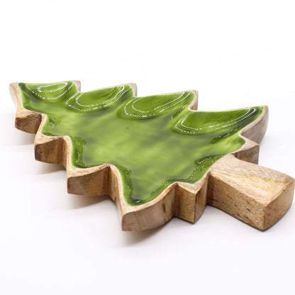 Enamel Tree Wooden Bowl – 25x19cm Rustic Décor for Cozy Homes featuring a glossy green interior and handcrafted mango wood exterior, perfect for Christmas Gift Home Fragrance.