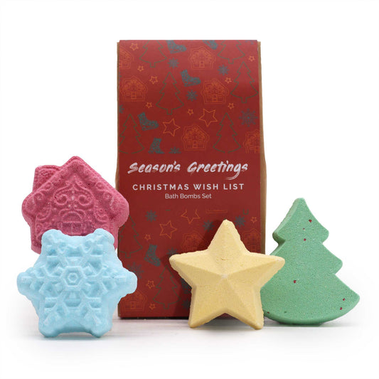 Christmas Wish List Christmas Bath Bomb Gift Pack featuring festive shaped bath bombs including a snowflake, star, and Christmas tree. Perfect for gifting, this collection is designed to bring holiday cheer and relaxation to your home. Ideal for Christmas gift home fragrance with scents of White Christmas and Warm Gingerbread.