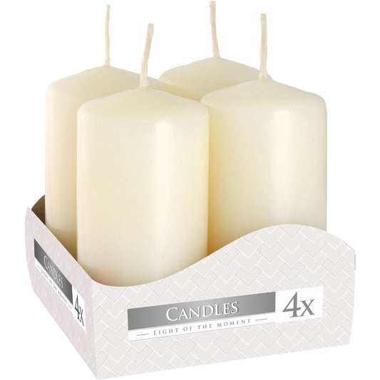 Set of 4 Ivory Pillar Candles 40x80mm - Long Lasting Burn, elegantly packaged for easy gifting. Perfect for creating a warm ambience, ideal as a Christmas gift for home fragrance lovers.