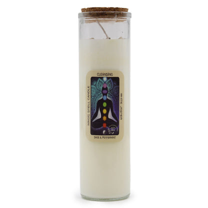 Soy Wax Candle with White Jasper - Sage & Peppermint Scent in a glass holder, featuring a chakra design, ideal for cleansing energy and enhancing your space with warmth. Perfect as a Christmas gift home fragrance.