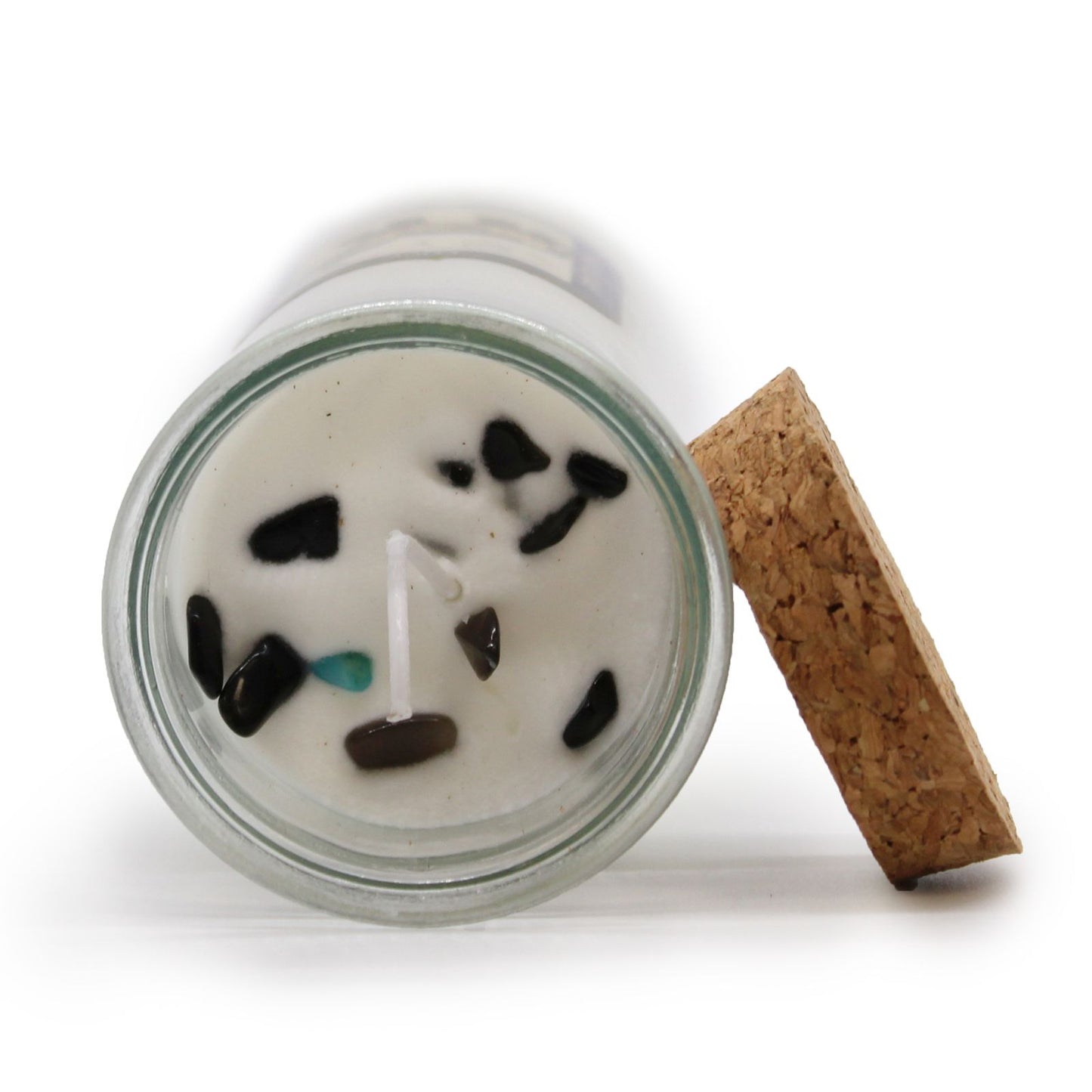 Soy Wax Candle With Black Agate & Liquorice Scent – 50H Burn Time. This image shows the top view of the candle, revealing natural stones and a cork lid, ideal for a soothing Christmas gift home fragrance.