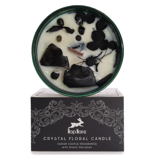 Hop Hare Crystal Flower Candle - Knight of Swords Magic & Cedarwood displayed elegantly with black obsidian gemstones. This stunning candle is a perfect Christmas Gift Home Fragrance.