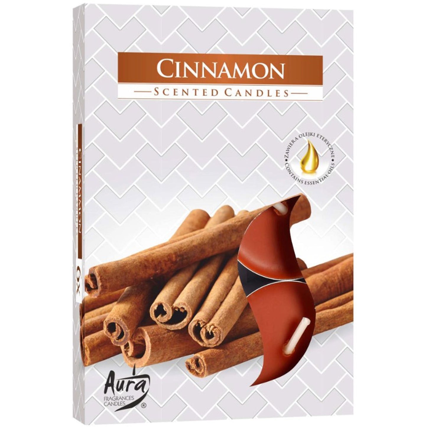 6 Cinnamon Scented Tealights - Ideal Christmas Gift Set showcasing an elegant candle packaging design with cinnamon sticks, ideal for adding a festive touch to your home. Enjoy this cinnamon scented candle as the perfect Christmas gift home fragrance.