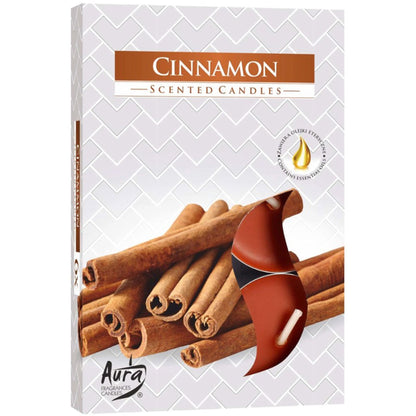 6 Cinnamon Scented Tealights - Ideal Christmas Gift Set showcasing an elegant candle packaging design with cinnamon sticks, ideal for adding a festive touch to your home. Enjoy this cinnamon scented candle as the perfect Christmas gift home fragrance.