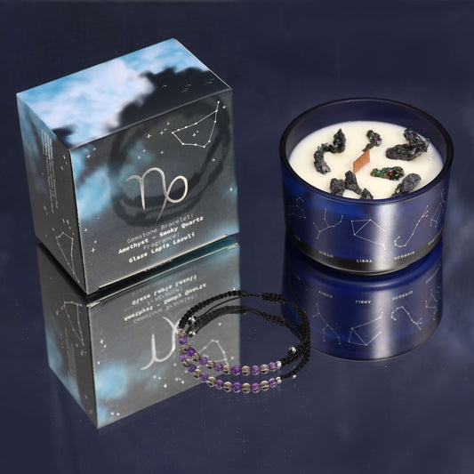 Zodiac Crystal Candle with Gemstone Bracelet - Capricorn showcasing the elegant candle with Glaze Lapis Lazuli accents and a beautiful Amethyst and Smoky Quartz bracelet. Perfect scent for a festive atmosphere â€“ Christmas Gift Home Fragrance.