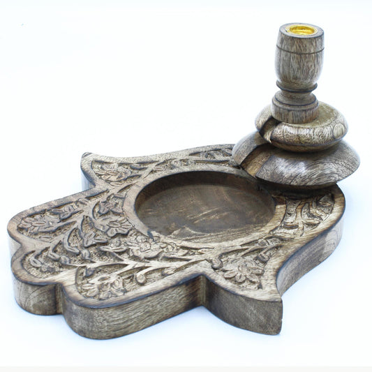 Lrg Mango Wood Backflow Burner - Hamsa featuring intricate Hamsa designs and a polished finish. Perfect for creating a calming atmosphere, this stunning piece is an ideal Christmas gift for home fragrance enthusiasts.