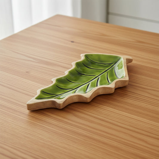 Elegant Leaf-Shaped Wooden Bowl â€“ Sustainably Crafted 33x17cm, showcasing a vibrant green enamel interior perfect for home decor. A great {{scent}} {{product_type}} â€“ Christmas Gift Home Fragrance.