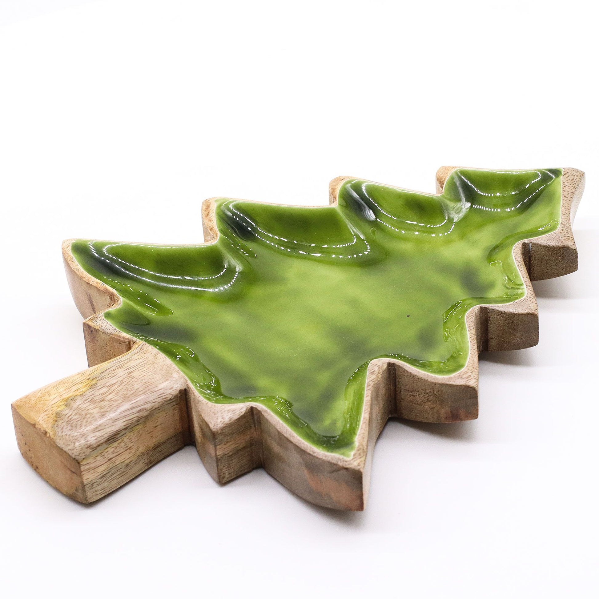 Side view of the Enamel Tree Wooden Bowl, showcasing its craftsmanship and green enamel interior, perfect for adding rustic charm to holiday celebrations. An ideal Christmas gift for those who love home fragrance.