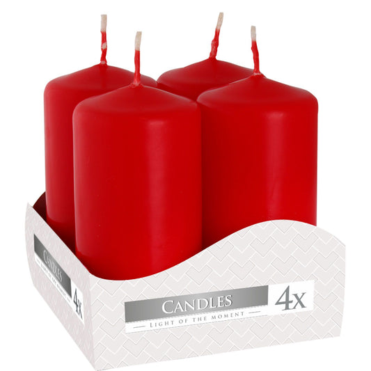 A set of 4 Red Pillar Candles 40x80mm with 9-hour burn time, perfect for creating a warm and inviting atmosphere. Ideal for Christmas gift home fragrance.