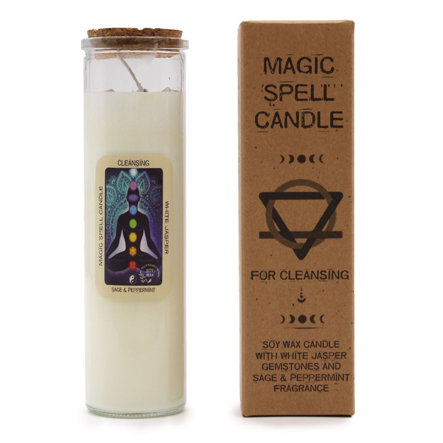 Close-up of the Soy Wax Candle with White Jasper - Sage & Peppermint Scent, with its unique cleansing attributes and stylish packaging. A soothing addition to any decor, making it an excellent Christmas gift home fragrance.