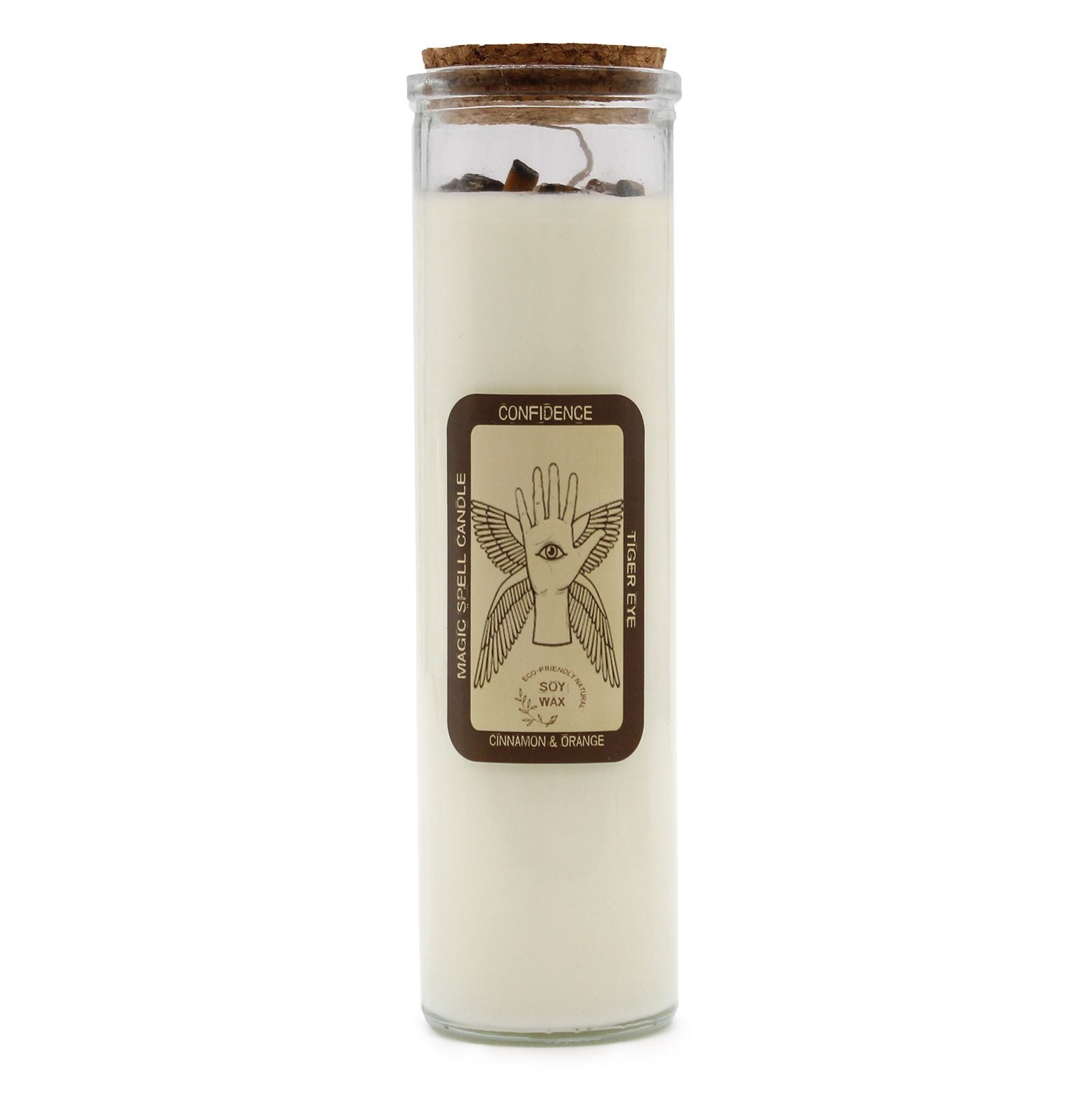 Confidence Spell Candle with Tiger Eye & Cinnamon - 50 Hour Burn in a glass jar with a cork lid, featuring a warm, inviting scent. Perfect for creating a calming atmosphere as a Christmas gift home fragrance.