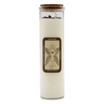 Confidence Spell Candle with Tiger Eye & Cinnamon - 50 Hour Burn in a glass jar with a cork lid, featuring a warm, inviting scent. Perfect for creating a calming atmosphere as a Christmas gift home fragrance.