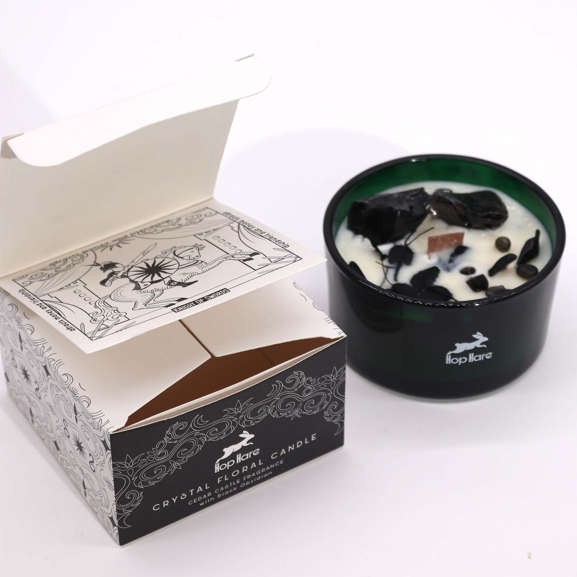 Beautifully packaged Hop Hare Crystal Flower Candle - Knight of Swords Magic & Cedarwood, showcasing a unique design and inviting scent. An ideal Christmas Gift Home Fragrance.