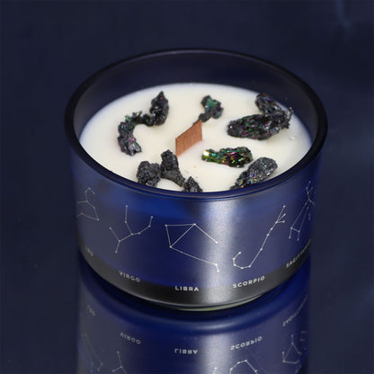 Zodiac Crystal Candle with Gemstone Bracelet - Gemini, featuring a stunning candle topped with unique crystals and wood, showcasing its Oriental Tiger's Eye scent, perfect as a Christmas gift home fragrance.