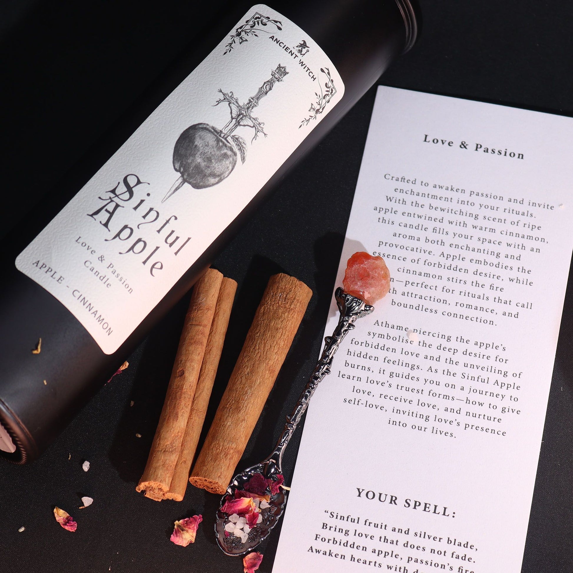 Sinful Apple & Cinnamon Candle with accompanying ritual card, embodying love and passion, making a thoughtful Christmas gift home fragrance.