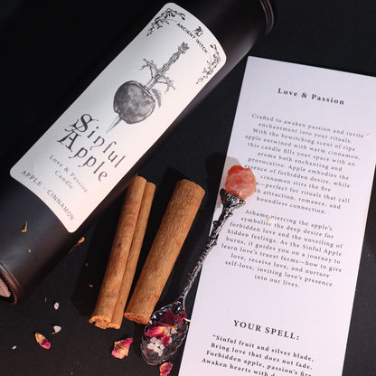 Sinful Apple & Cinnamon Candle with accompanying ritual card, embodying love and passion, making a thoughtful Christmas gift home fragrance.