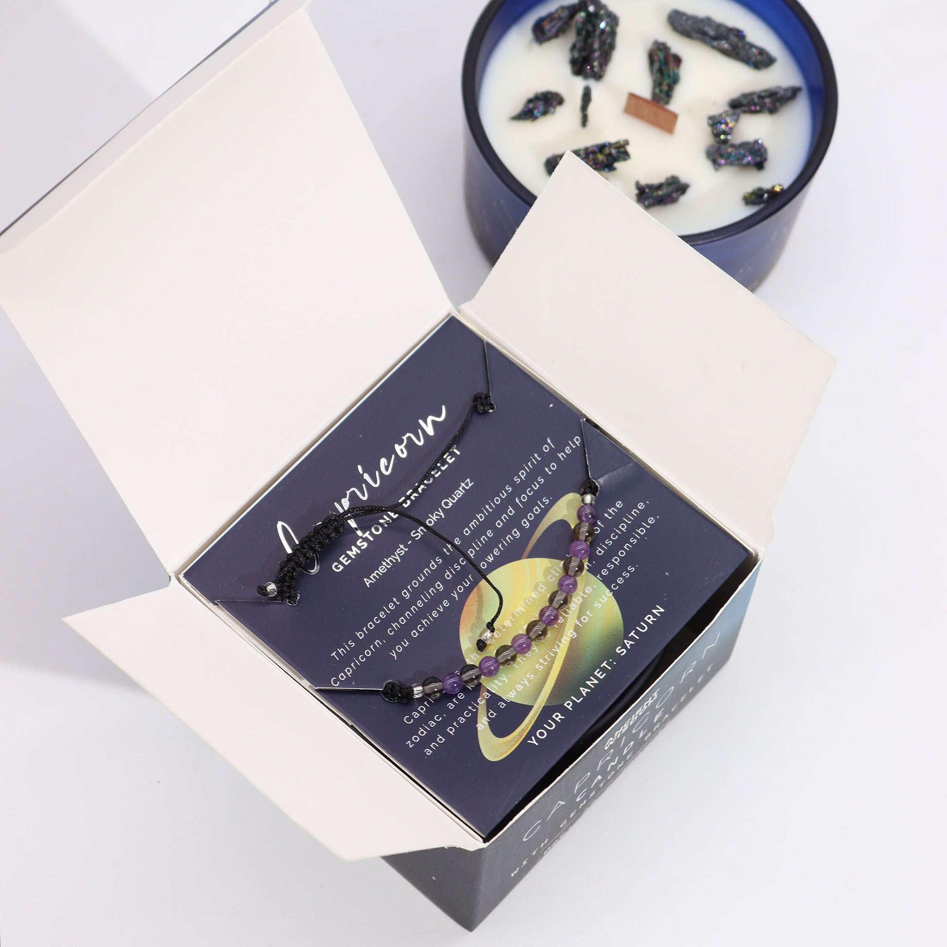 Zodiac Crystal Candle with Gemstone Bracelet - Capricorn, opened packaging revealing the beautiful candle and gemstone bracelet inside. A lovely scent that creates a warm ambience – Christmas Gift Home Fragrance.