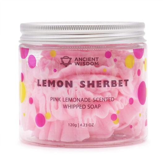 Pink Lemonade Whipped Soap 120G in a clear jar, showcasing its fluffy pink texture. This vegan, moisturising treat emits a delightful scent, making it a perfect Christmas gift for home fragrance enthusiasts.
