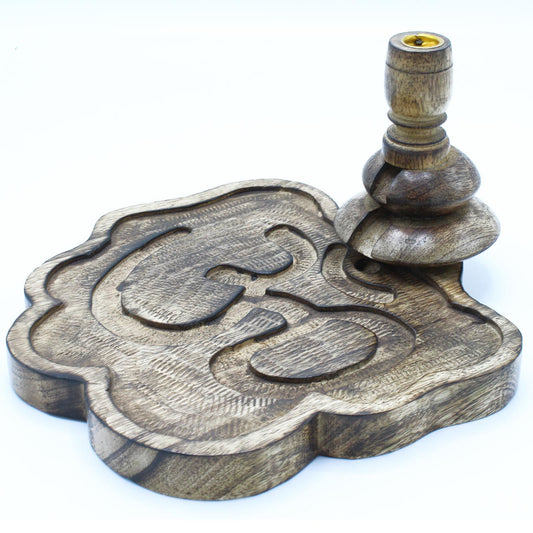 Lrg Mango Wood Backflow Burner - Ohm featuring a beautifully handcrafted design, ideal for adding a soothing scent to your home. This unique incense burner is perfect for creating a rustic vibe and serves as a thoughtful Christmas gift for home fragrance enthusiasts.