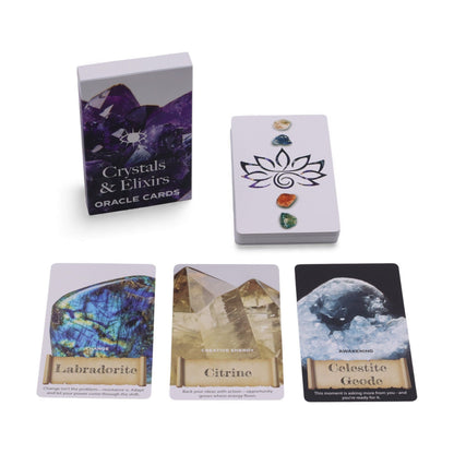 Crystals & Elixirs Oracle Cards – 40 Card Healing Energy Deck opened with individual cards featuring unique gemstones like Labradorite and Citrine, perfect for enhancing mindfulness and serving as a delightful {{scent}} {{product_type}} – Christmas Gift Home Fragrance.