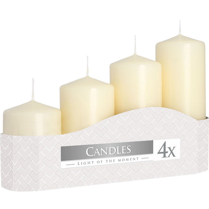 Set of 4 Ivory Pillar Candles in a stylish packaging, perfect for creating a warm and inviting ambiance. Ideal for any occasion and makes a great Christmas gift for home fragrance lovers.