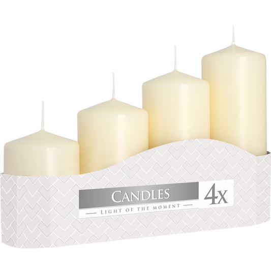 Set of 4 Ivory Pillar Candles in a stylish packaging, perfect for creating a warm and inviting ambiance. Ideal for any occasion and makes a great Christmas gift for home fragrance lovers.