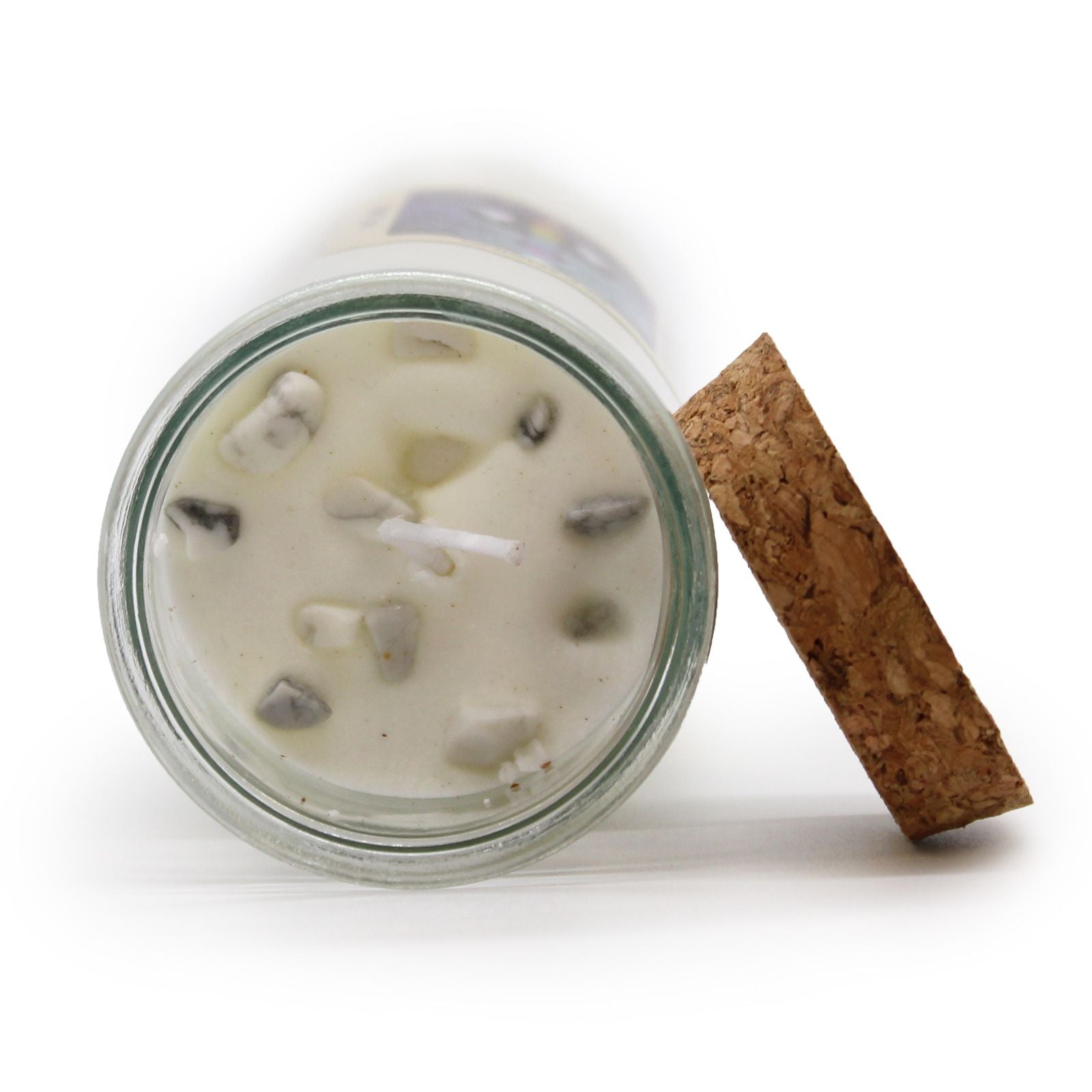 Top view of the Soy Wax Candle with White Jasper - Sage & Peppermint Scent, highlighting the natural gemstones within and the cork lid, perfect for enhancing your personal space and making a thoughtful Christmas gift home fragrance.