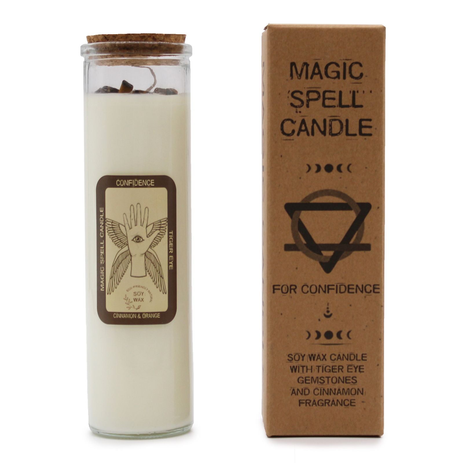 Confidence Spell Candle with Tiger Eye & Cinnamon, beautifully packaged with a brown box, highlighting its role as a source of positivity. A great choice for Christmas gift home fragrance.