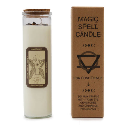 Confidence Spell Candle with Tiger Eye & Cinnamon, beautifully packaged with a brown box, highlighting its role as a source of positivity. A great choice for Christmas gift home fragrance.