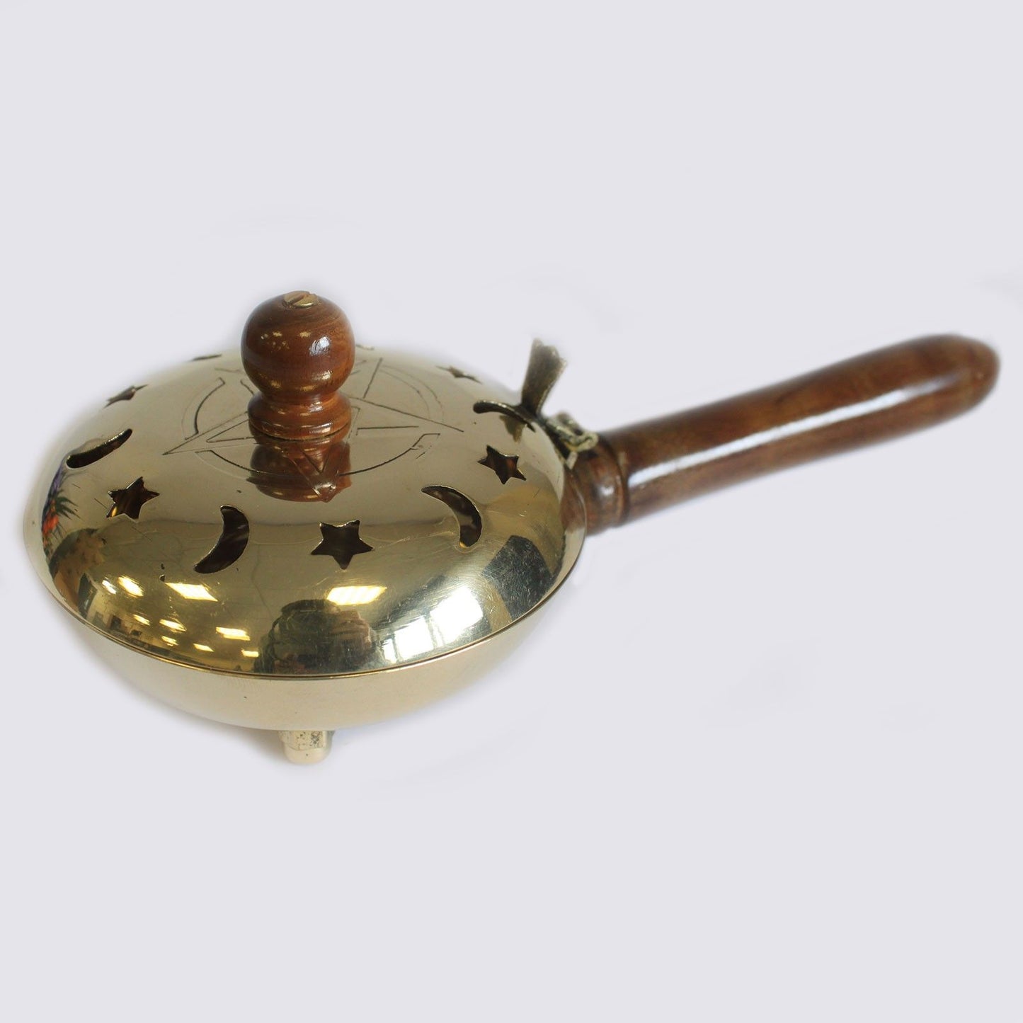 Brass Pentagram Incense Butler with Wooden Handle, featuring a unique pentagram design and star and moon cut-outs, perfect for enhancing your sacred space. Ideal for use with charcoal, resins, or cones – Christmas Gift Home Fragrance