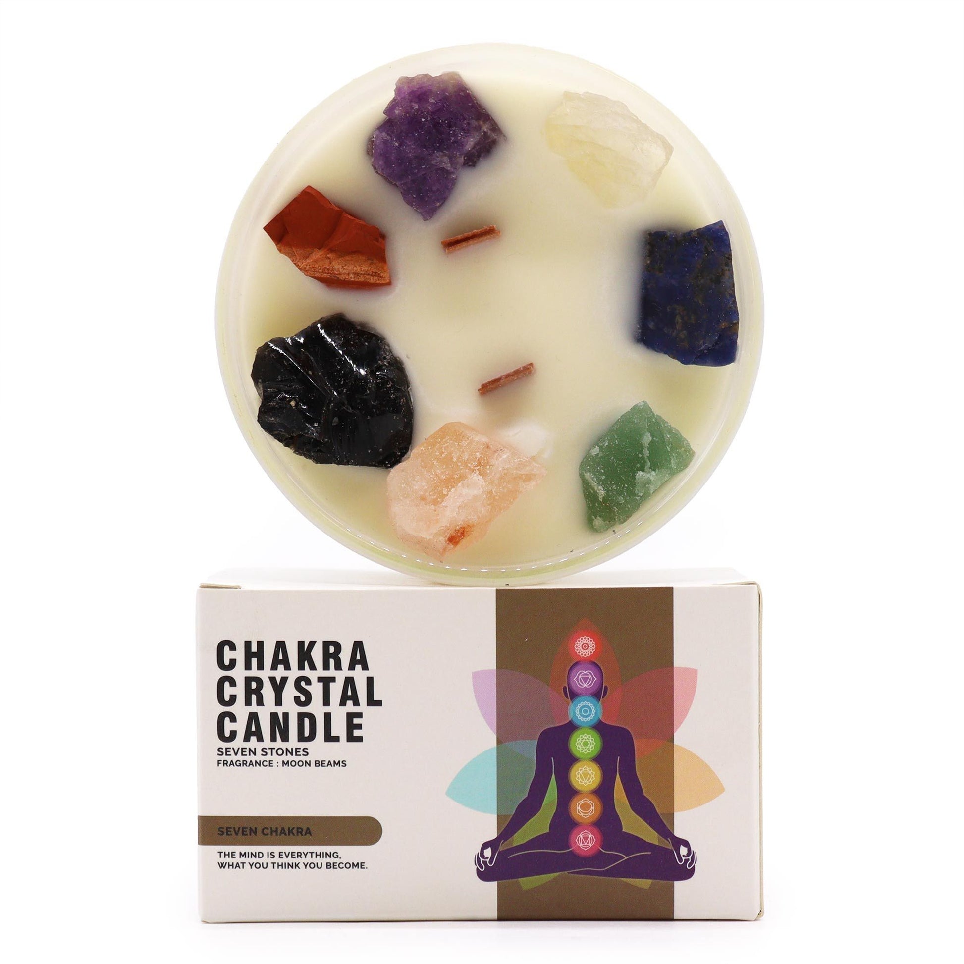 Large Chakra Gemstone Candle - Moon Beams Scent & Light, showcasing vibrant gemstones atop creamy wax, perfect as a Christmas gift home fragrance.