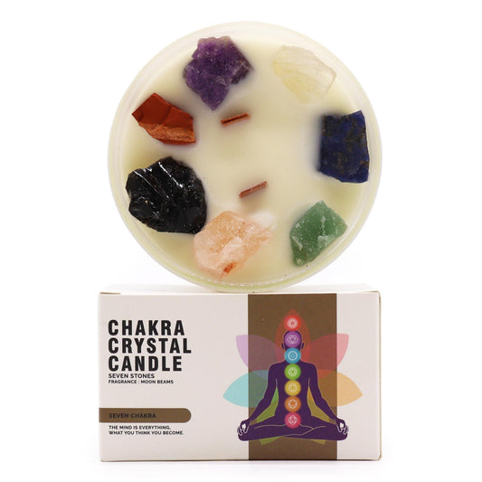 Large Chakra Gemstone Candle - Moon Beams Scent & Light, showcasing vibrant gemstones atop creamy wax, perfect as a Christmas gift home fragrance.