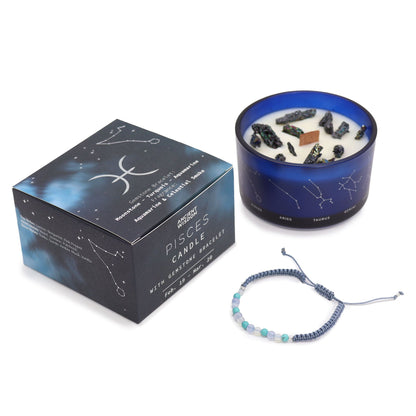 Zodiac Crystal Candle with Gemstone Bracelet - Pisces displayed with celestial design, offering a refreshing Aquamarine scent, great for relaxation. A perfect Christmas gift for home fragrance lovers.