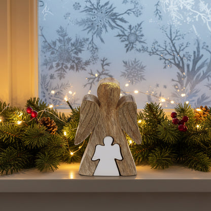 Mango Wood Angel Figurine with White Enamel - 15cm Gift from the back, illustrating the beautiful wood finish and angel design. An excellent choice for a Christmas Gift Home Fragrance.