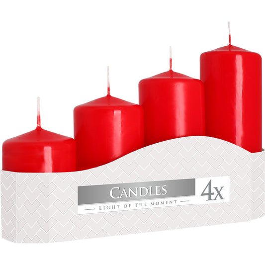 Set of 4 Red Pillar Candles with 11-33 Hour Burn Time, perfect for adding festive charm to your home dÃ©cor. Ideal as a Christmas gift for creating a warm atmosphere and enhancing your home fragrance.