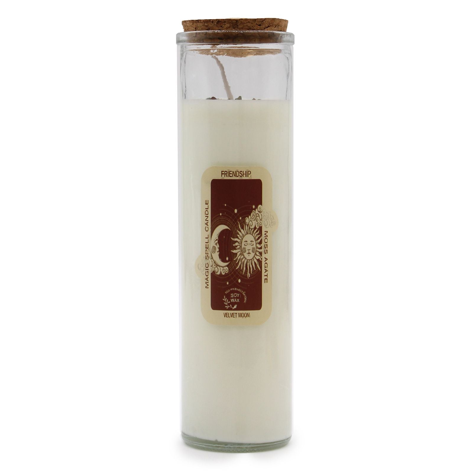 Friendship Candle with Moss Agate & Velvet Moon Scent, featuring a sleek design and cork lid, designed to promote warmth and connection. Perfect as a Christmas gift, this soy wax candle offers a delightful home fragrance.