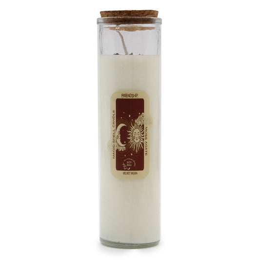 Friendship Candle with Moss Agate & Velvet Moon Scent, featuring a sleek design and cork lid, designed to promote warmth and connection. Perfect as a Christmas gift, this soy wax candle offers a delightful home fragrance.