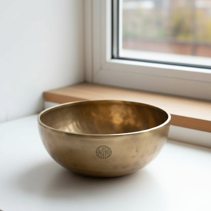 Close-up view of the Extra Large Handmade Nepalese Moon Singing Bowl - 22cm, highlighting its smooth, shiny interior and intricate design. A thoughtful Christmas gift for mindfulness enthusiasts, this bowl brings a serene atmosphere to any space.