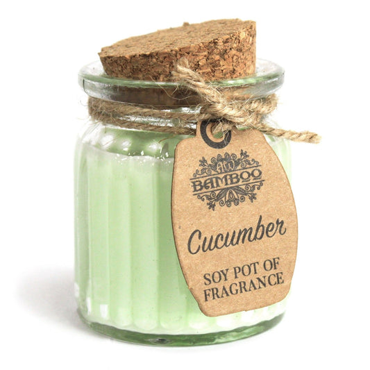 Cucumber Soy Wax Candle in a reusable glass jar with cork lid, accompanied by a rustic label, ideal as an eco-friendly Christmas gift for home fragrance.